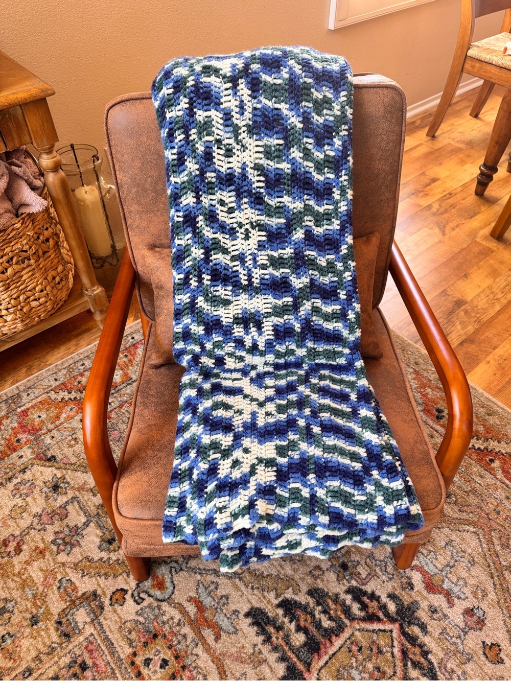 Extra Long Handmade Crochet Afghan Blue Green White 127” x 52” Cozy Throw